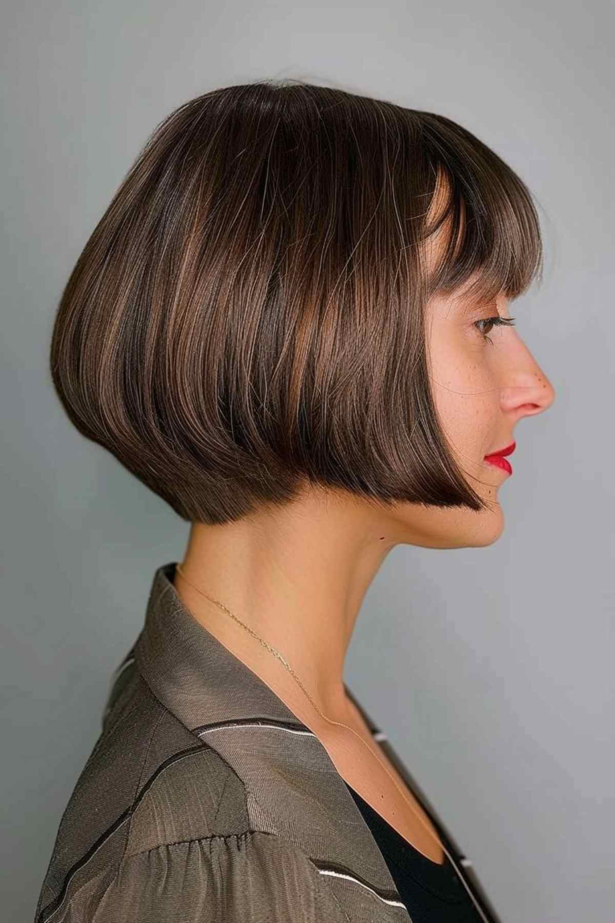 Tapered bob with blunt bangs and sleek finish