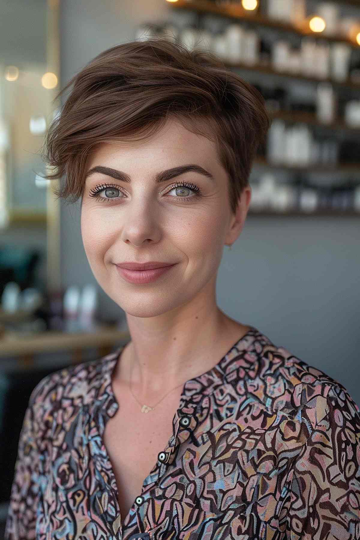 Tapered layered pixie cut with short sides and longer top layers