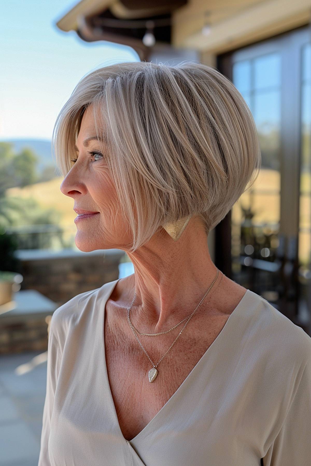 Tapered bob with stacked back and beige-blonde tone