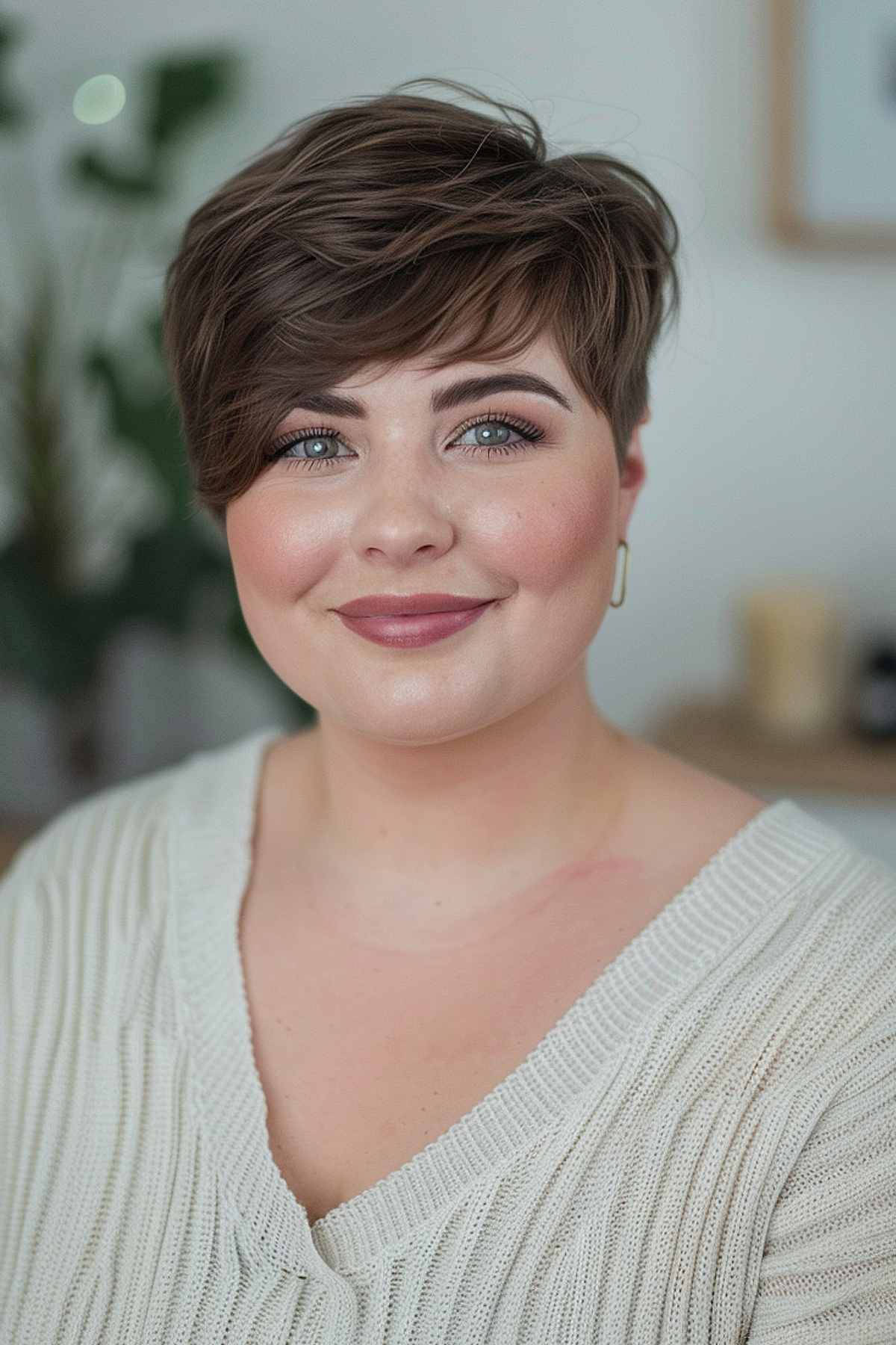 Tapered pixie bob with side-swept bangs for fine to medium hair