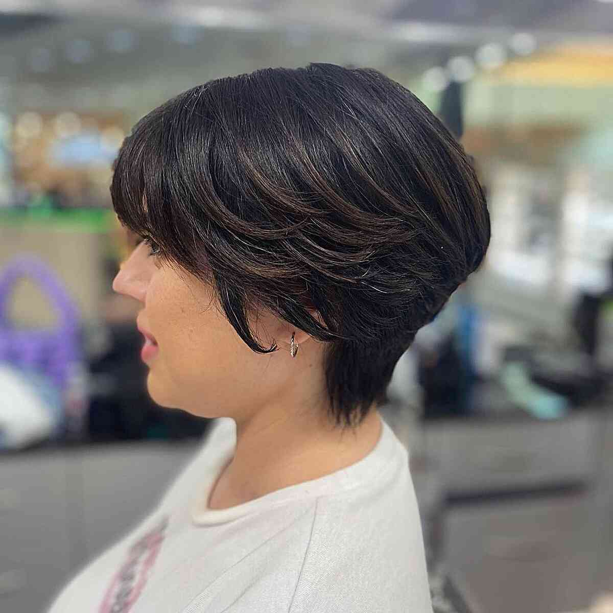 Very Short Tapered Pixie Bob with Soft Graduated Layers and Bangs