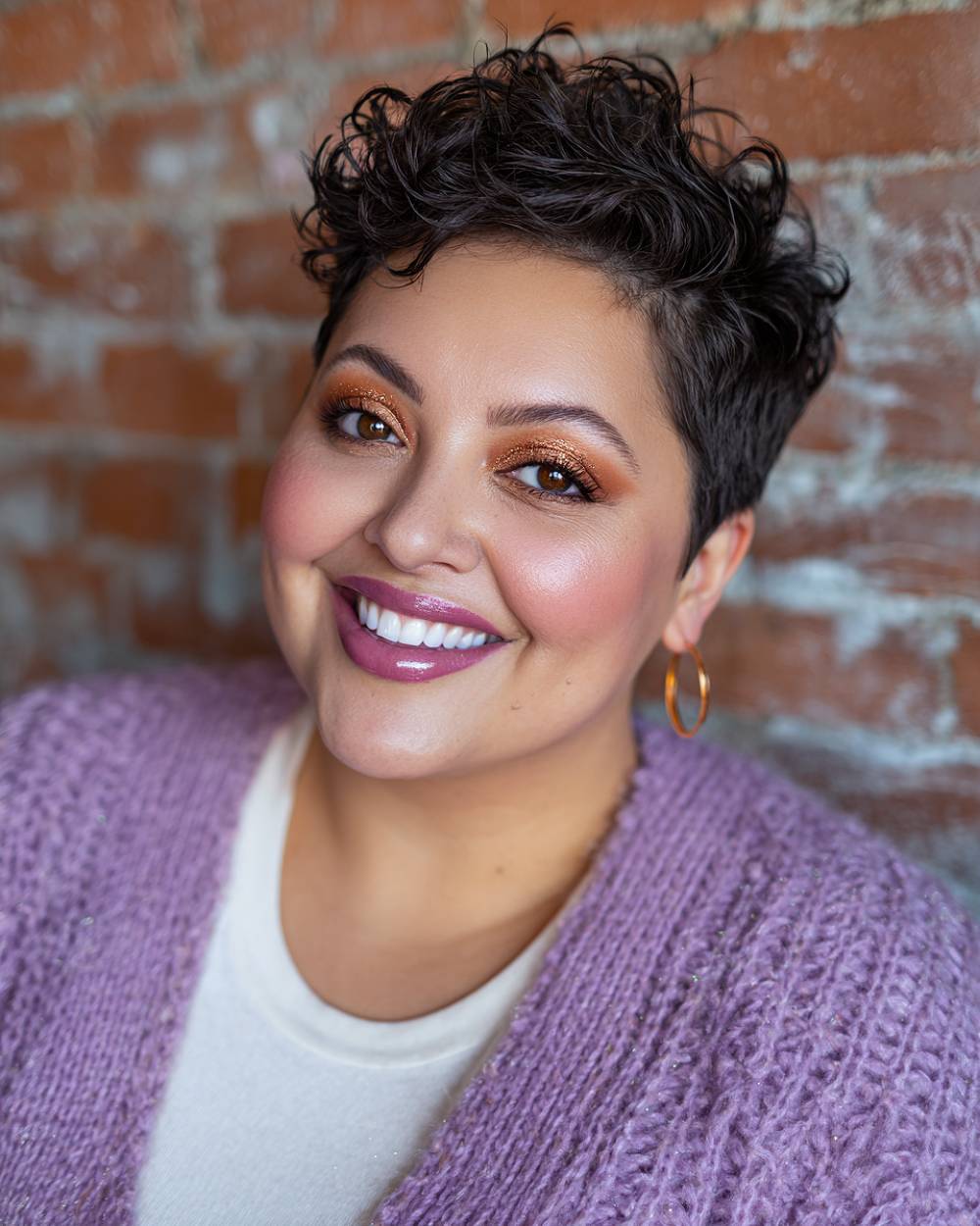 Tapered pixie cut with tousled curls and short sides for thick wavy hair and a low-maintenance short haircut