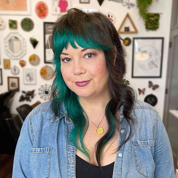 A Teal Blue Fringe on a Mullet for Round Faces