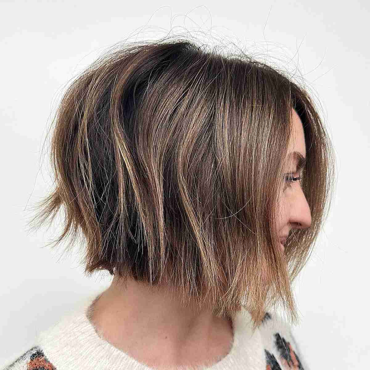 Textured and bouncy short angled bob