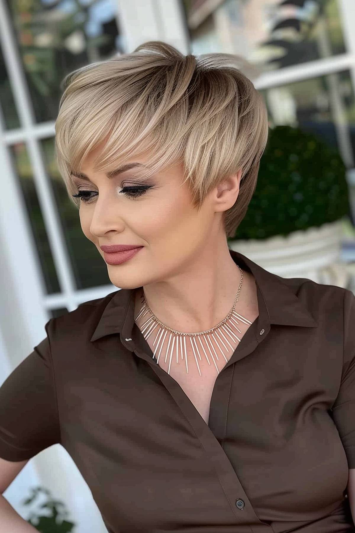 A woman with a textured, angled pixie cut designed for fine hair, with dynamic layers for a fuller look.
