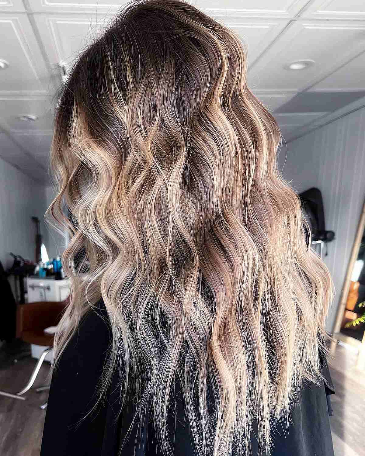 Textured Blonde Balayage Waves for Dark Brunette Hair
