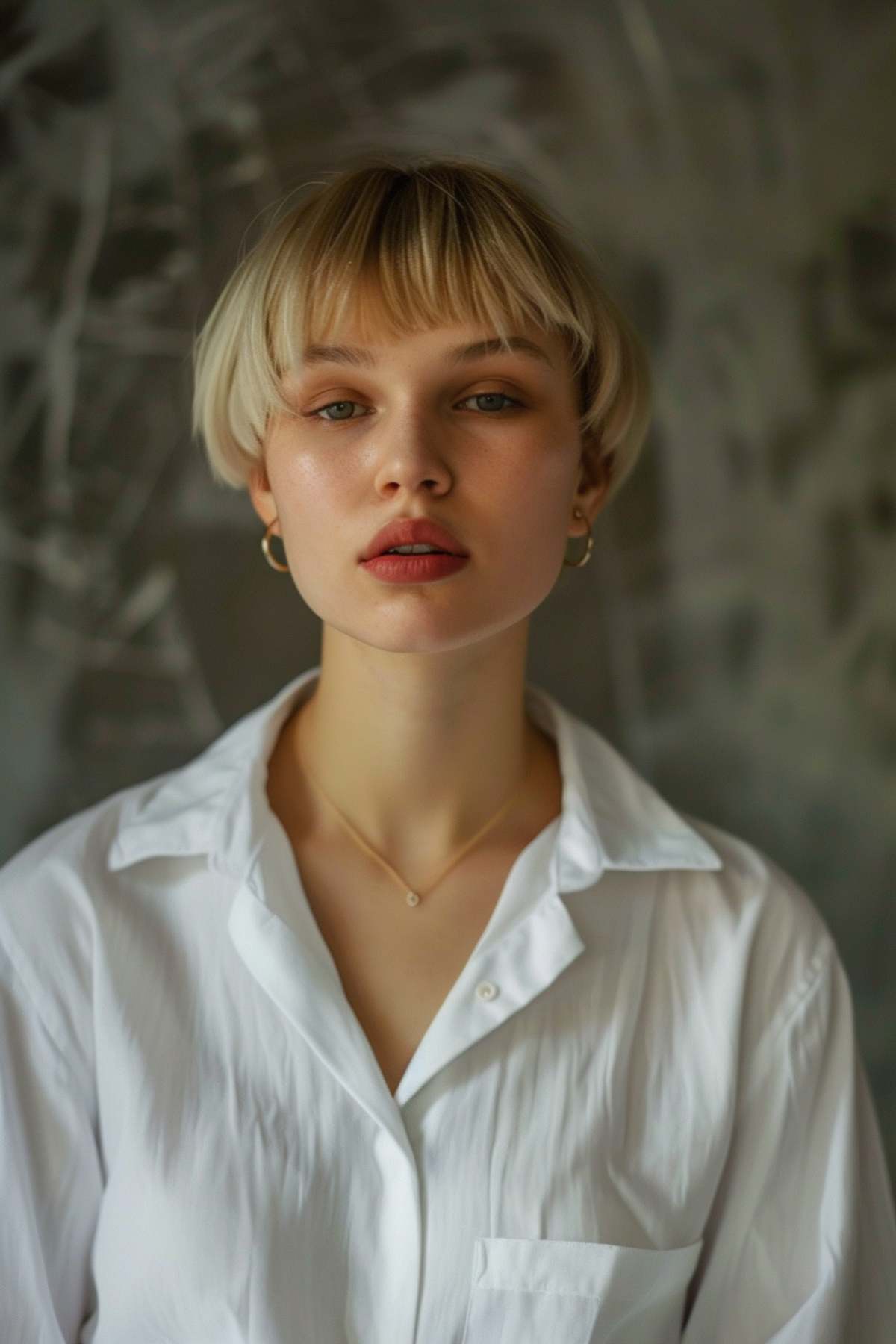 Short Textured Blonde Bowl Cut with Blunt Bangs