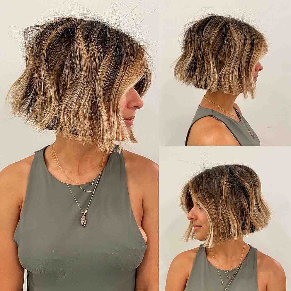 Trendy Textured Blunt Cut Bob with Blonde Balayage