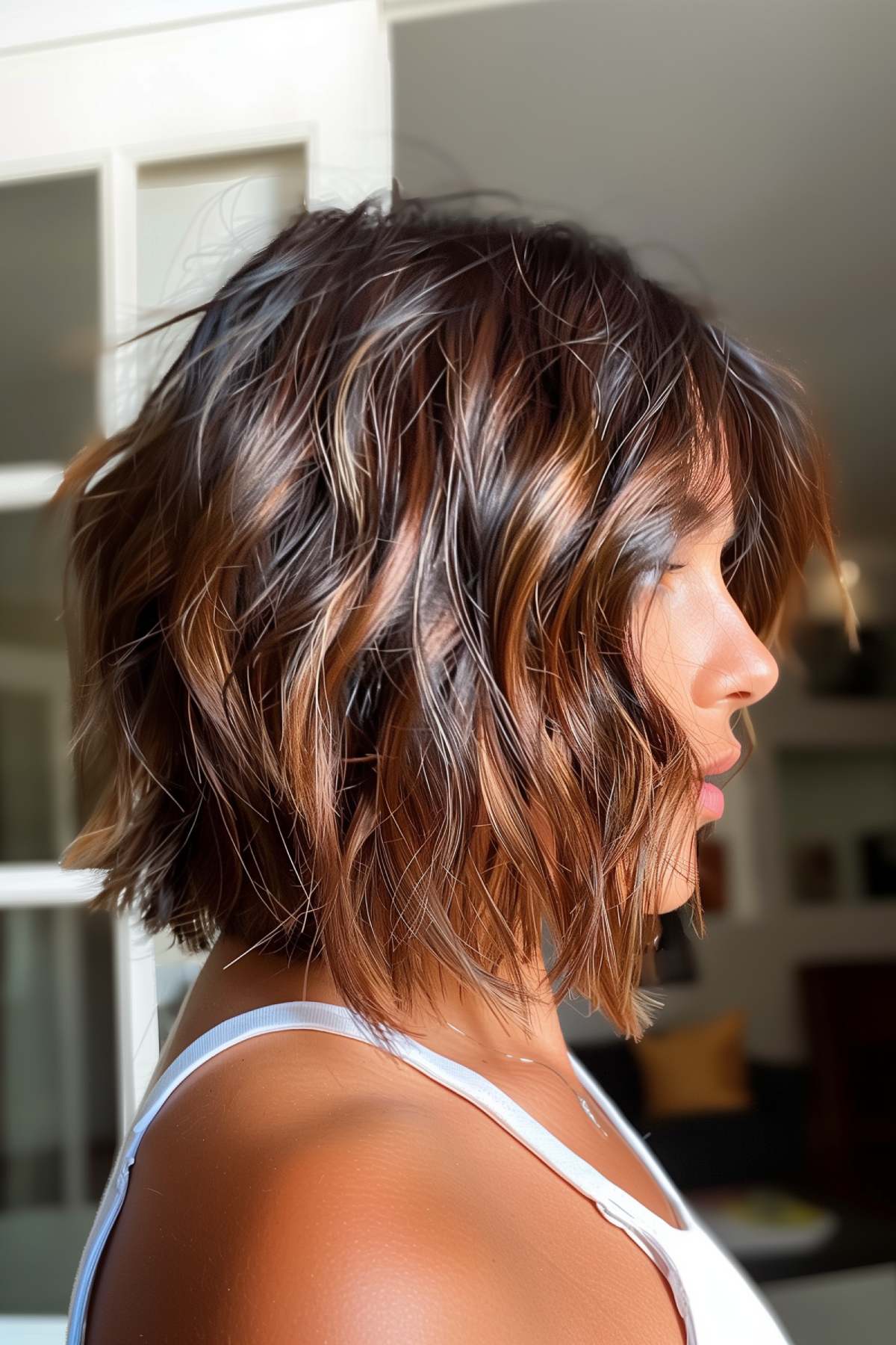 Short Textured Bob with Caramel Highlights and Dark Roots