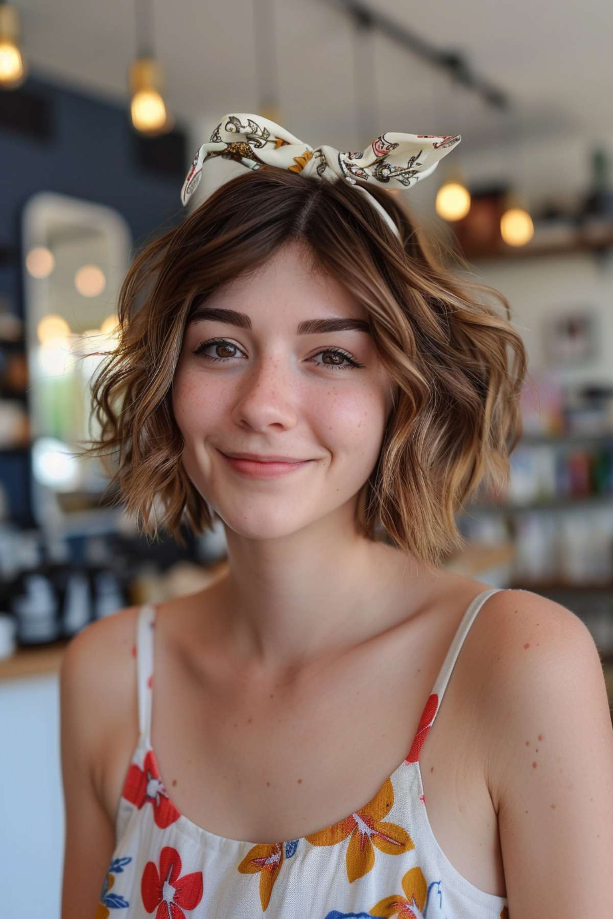 Woman with textured bob and headband, playful and trendy short hairstyle