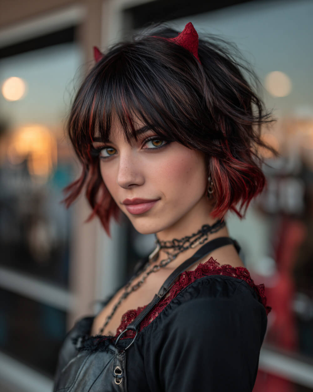 Black textured bob with red tips and bangs, edgy Halloween hairstyle with layers