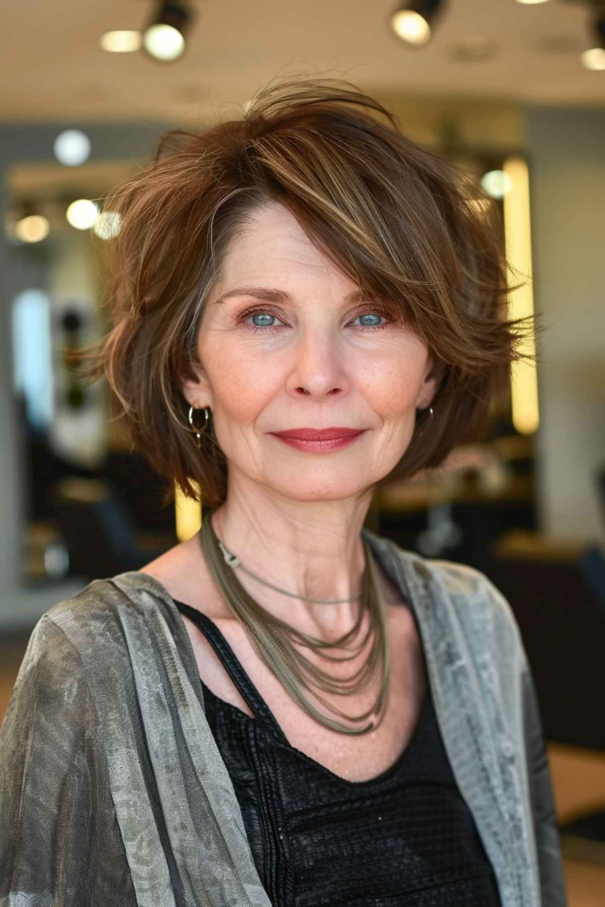 Woman with a textured bob and layers, featuring side-swept fringe and natural highlights