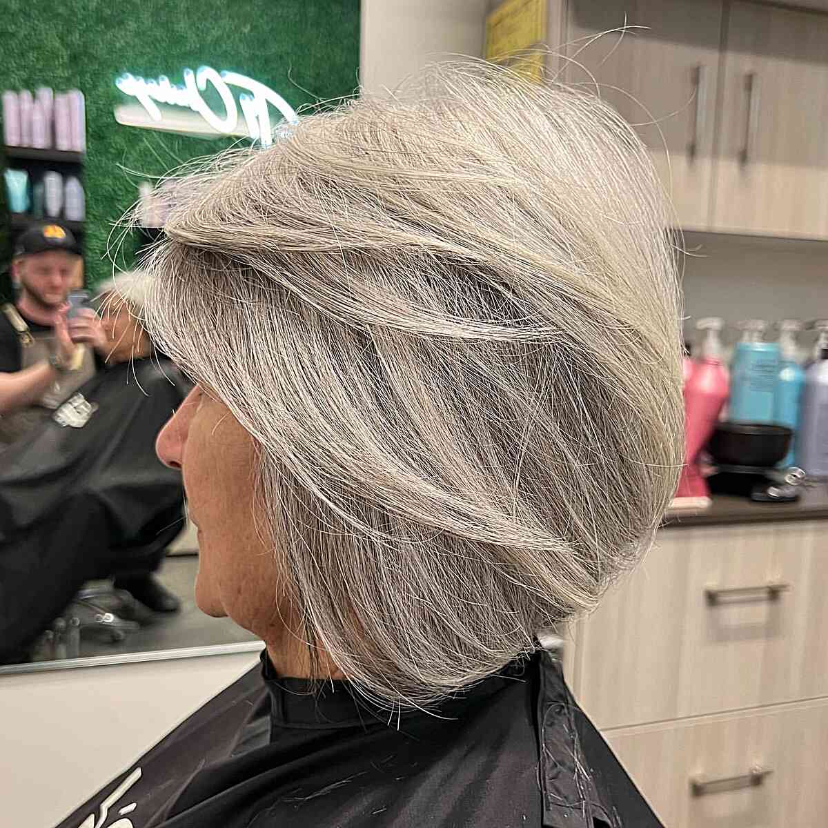 Textured Bob with Natural Grey Color and Layers for older ladies