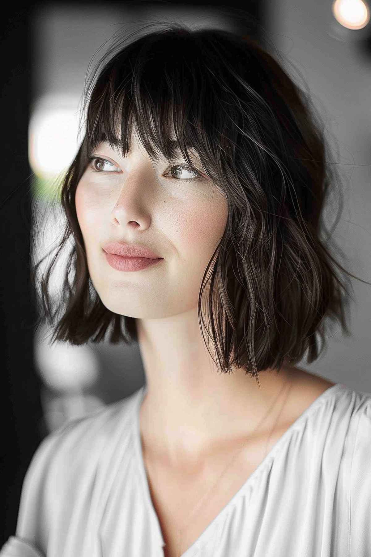 Textured bob with wispy fringe, featuring subtle layers and volume for fine to medium hair