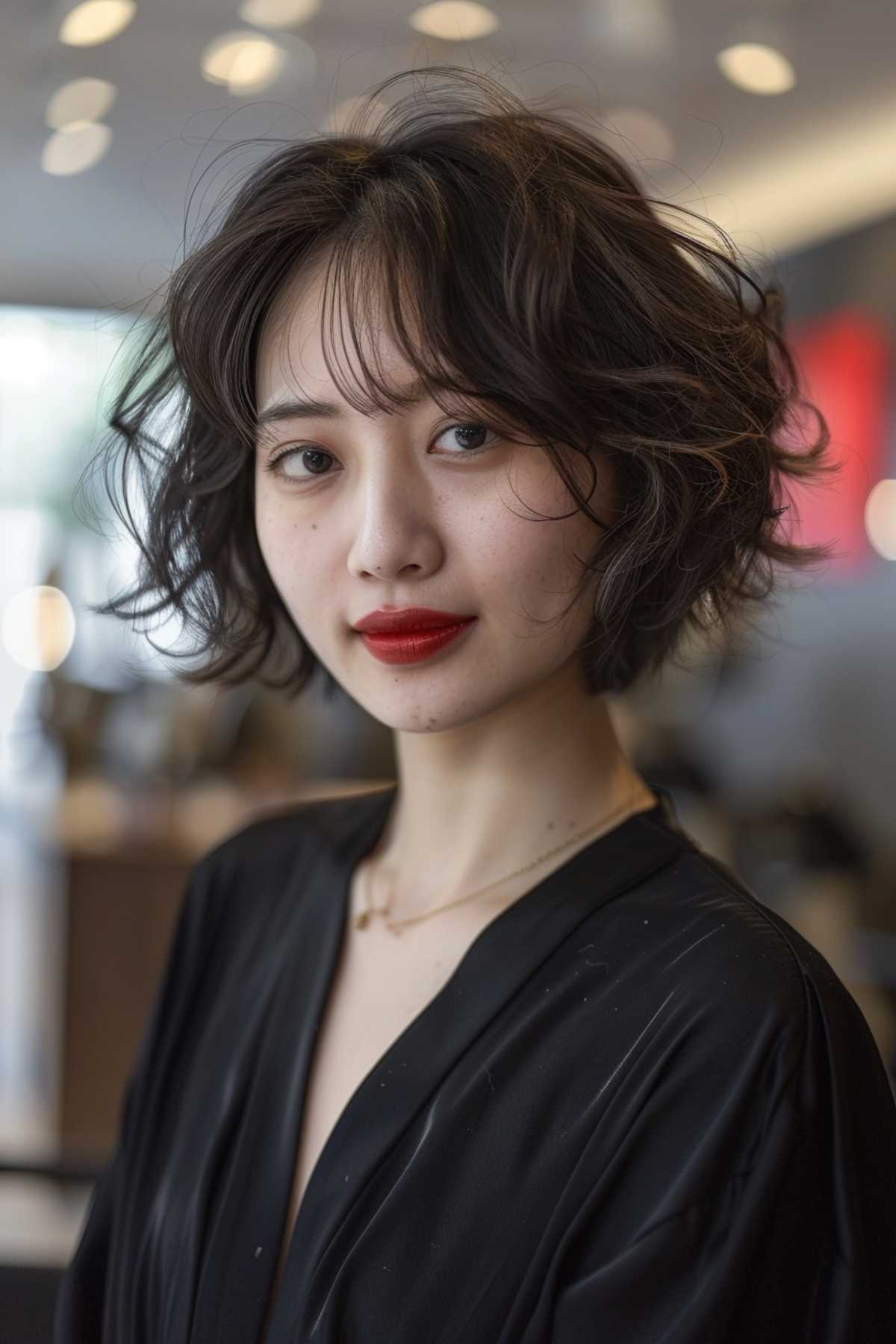 Textured bob hairstyle with choppy layers for wavy hair, falling just above the shoulders