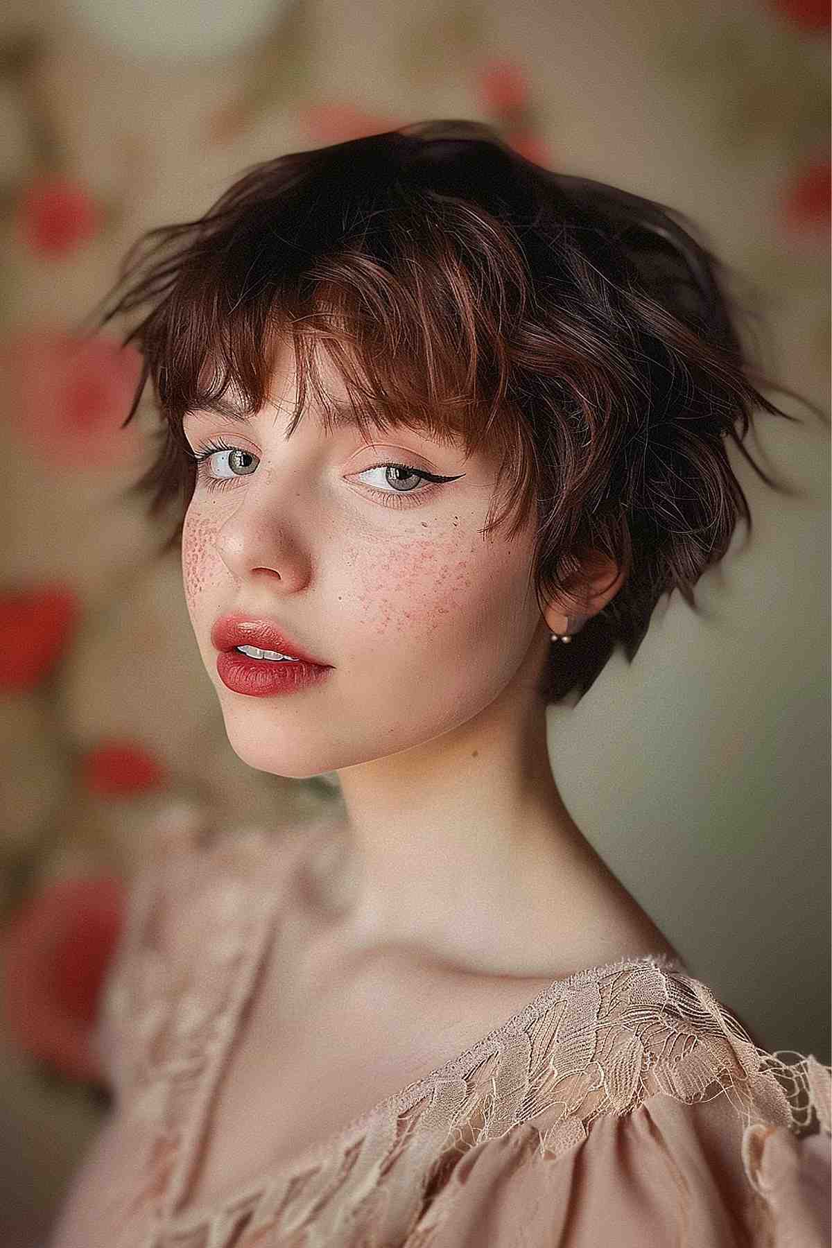 Textured elf crop haircut with choppy layers and uneven fringe in warm brown with subtle highlights.