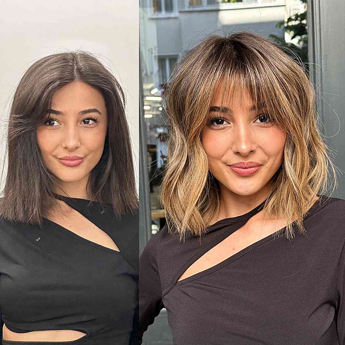 Textured Ghost Haircut with Thin Fringe and caramel balayage 
