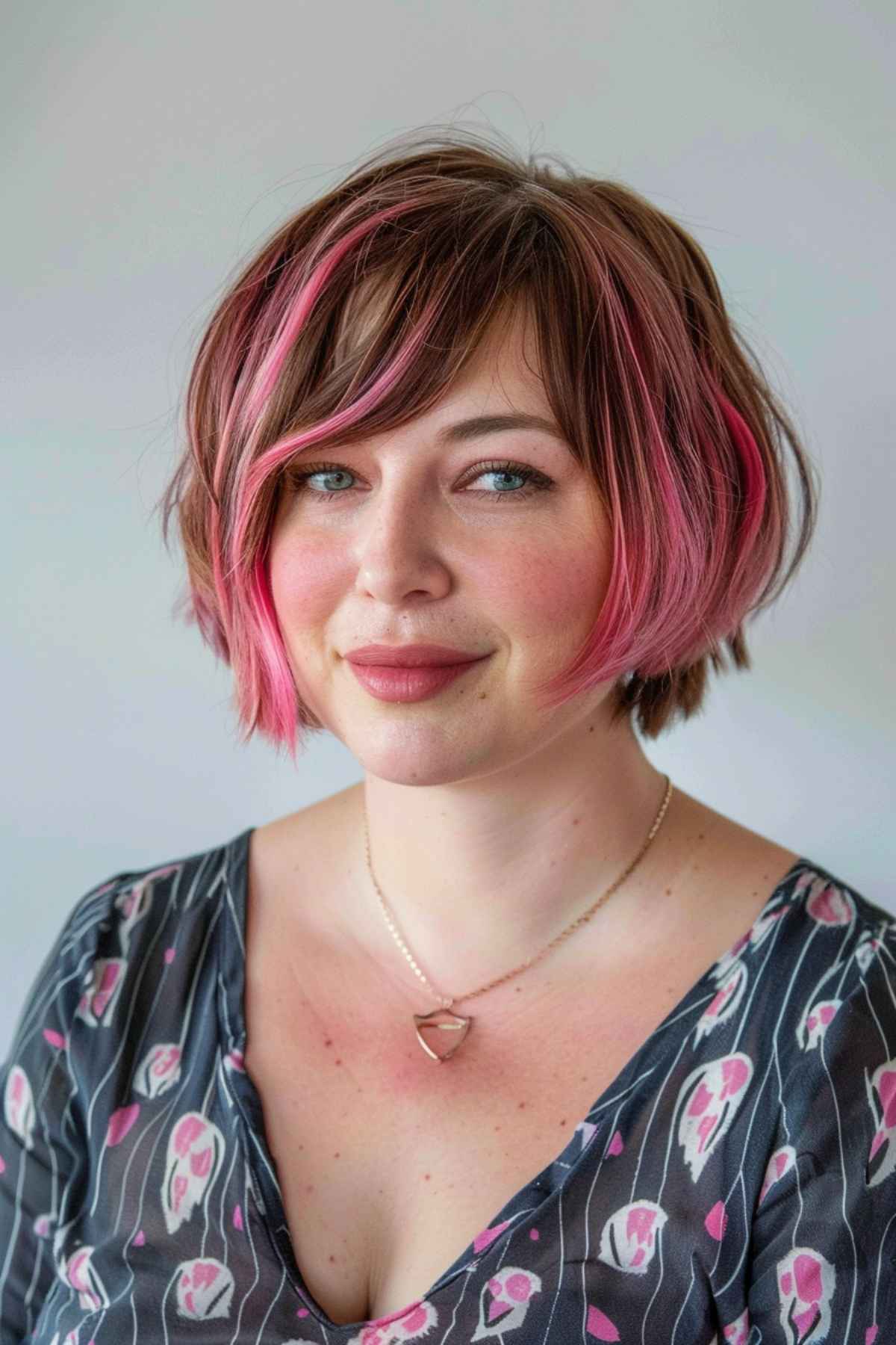 Textured jaw-length bob with pink highlights for thick hair