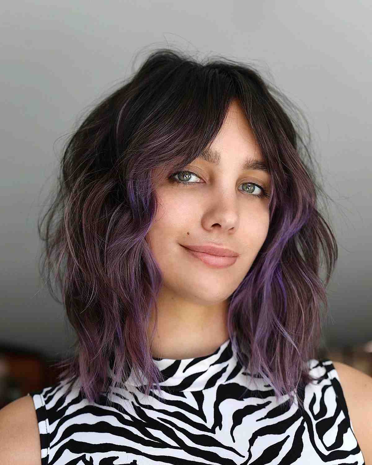 Textured Layered Lob with Purple Highlights and Curtain Bangs