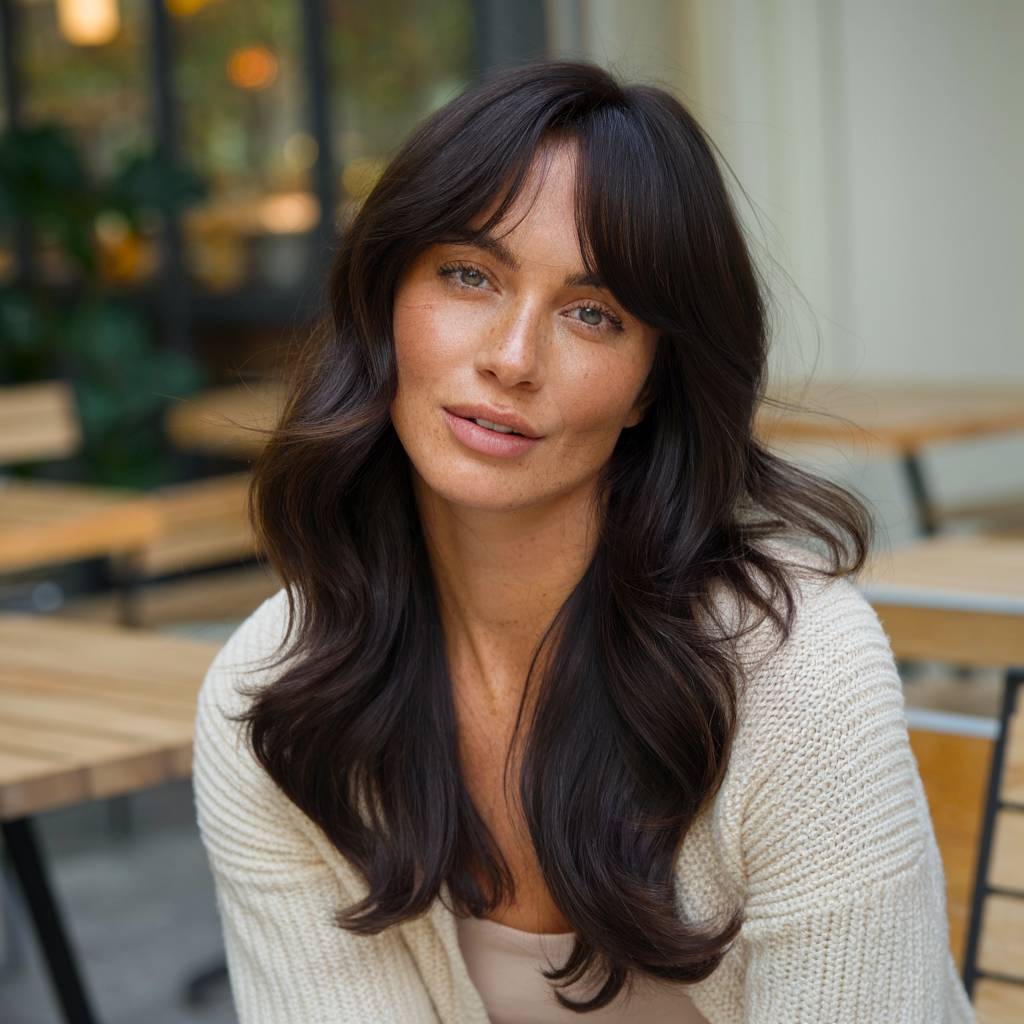 Long, dark brown hair with textured layers and soft curtain bangs, styled in loose waves for movement