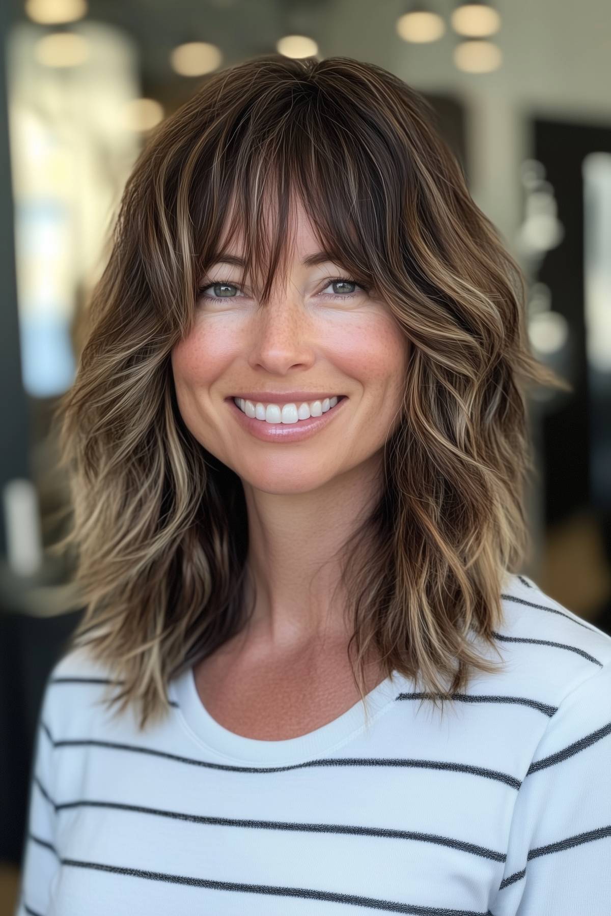 Woman with a textured lob haircut and long bangs, featuring natural highlights