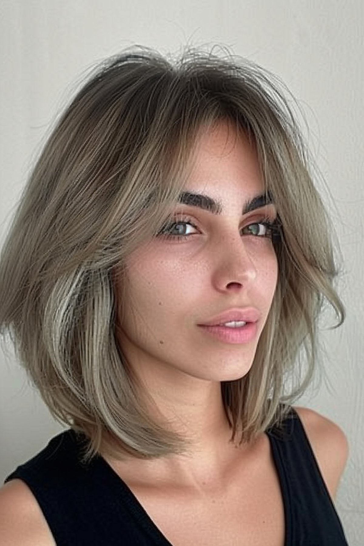 Textured Long Bob with Dark Roots and Ash Blonde Ends