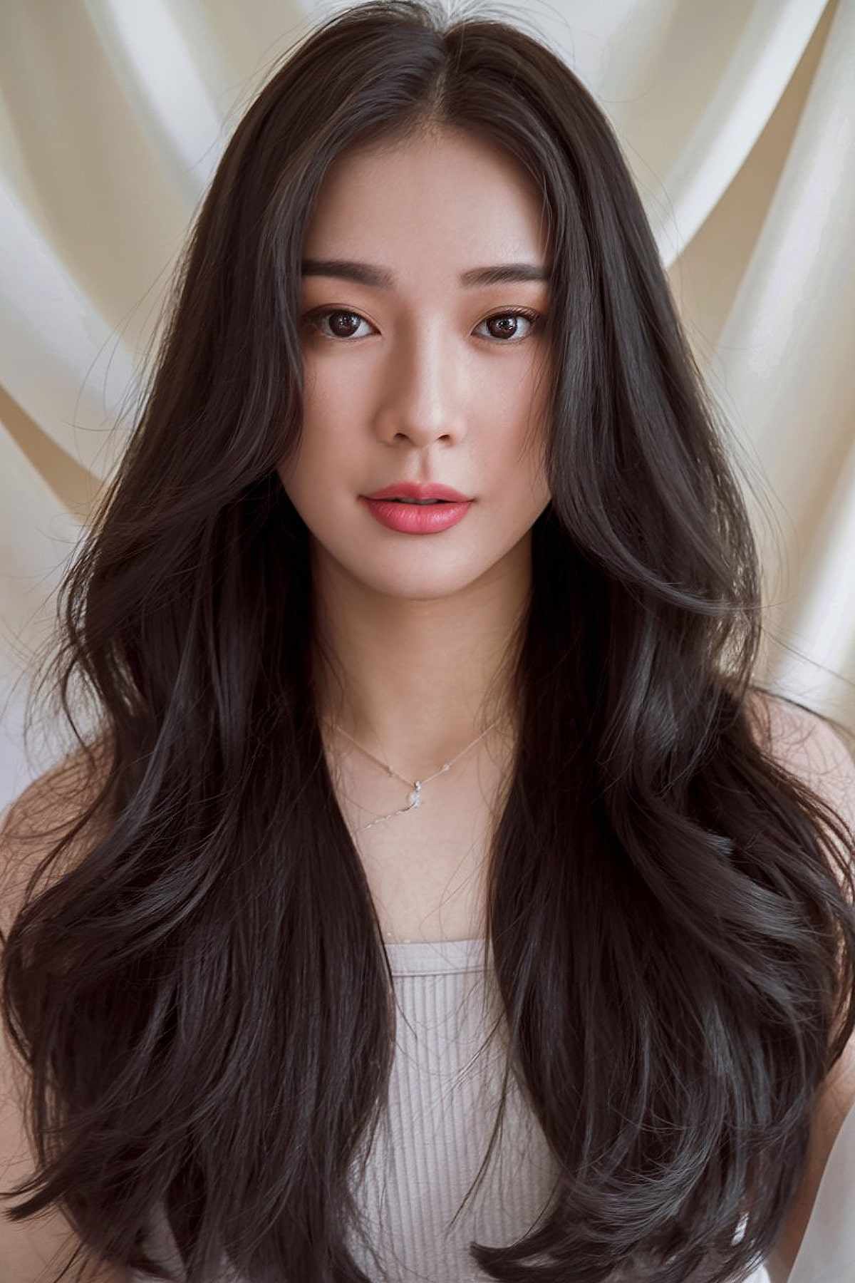 Thick long hair with textured layers for asian women