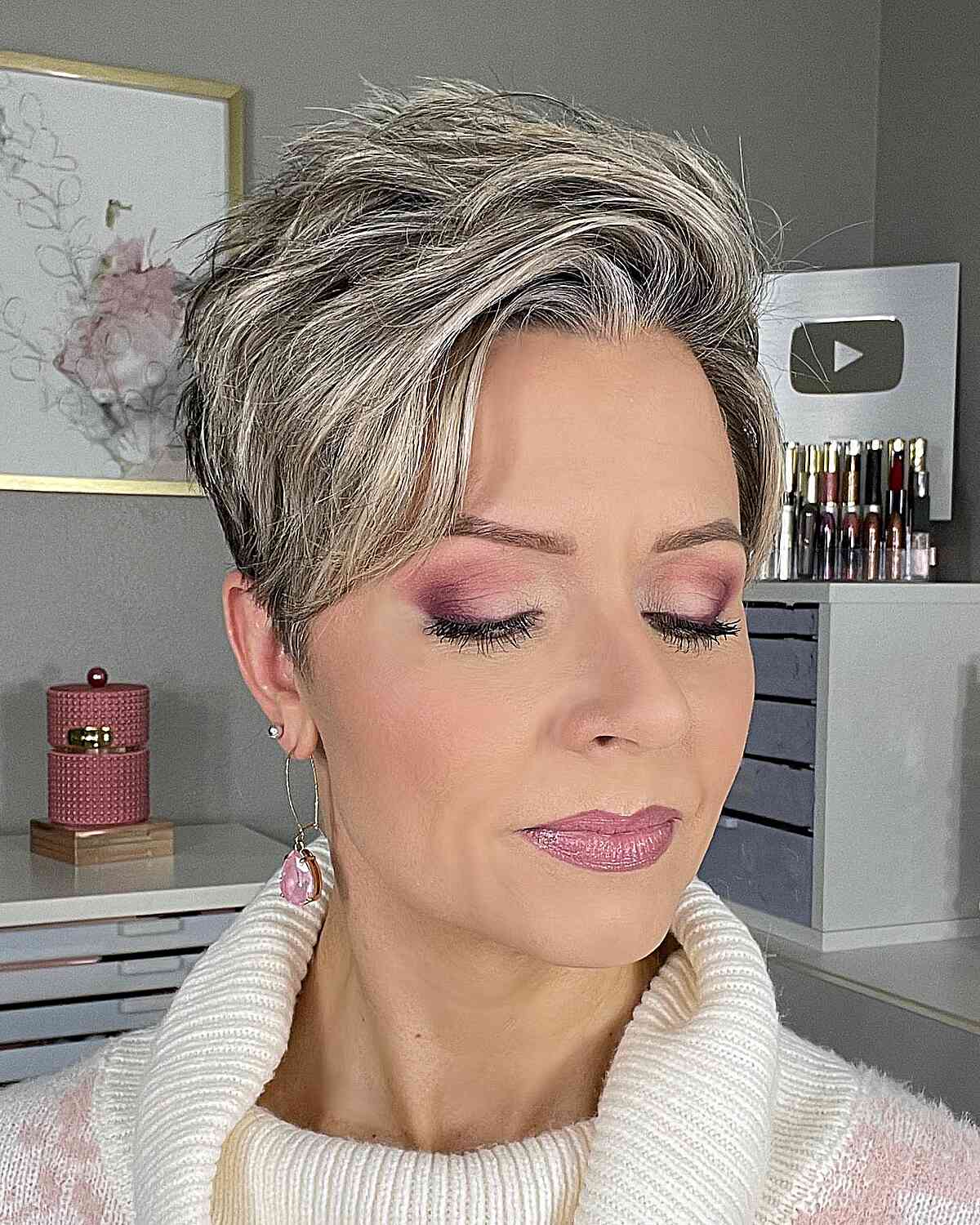 Textured Long Pixie Hair with Side Bangs for middle aged ladies