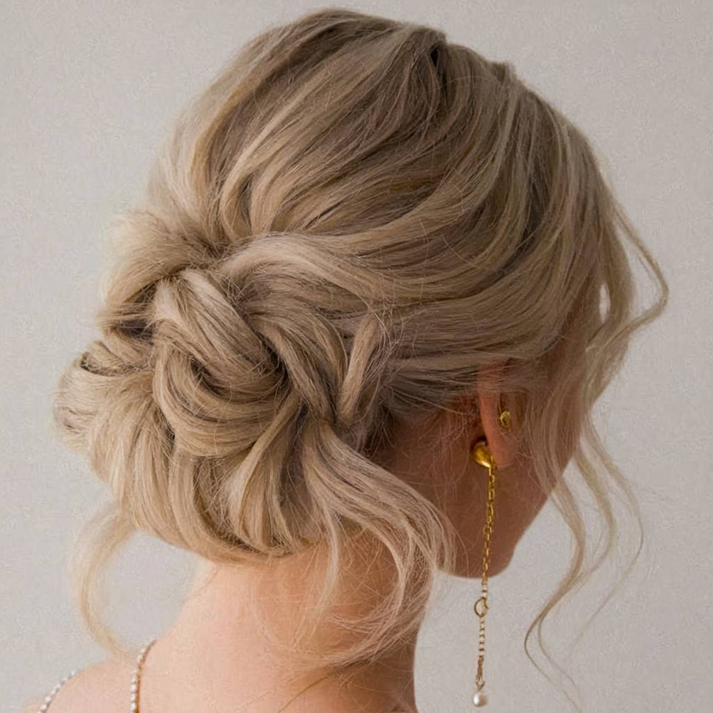 Textured low prom bun with soft twists and face-framing tendrils