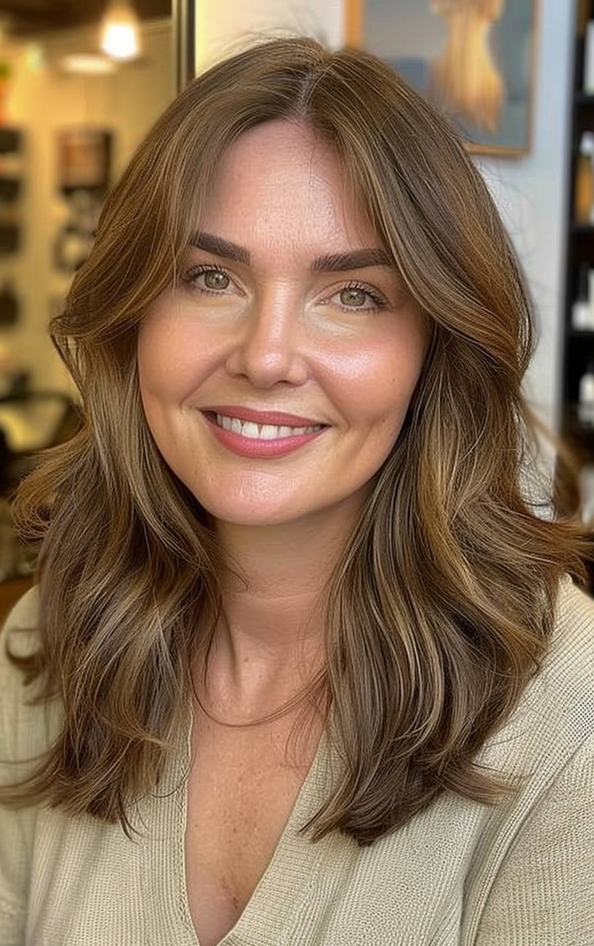 Medium-length hair with soft layers that add movement and volume