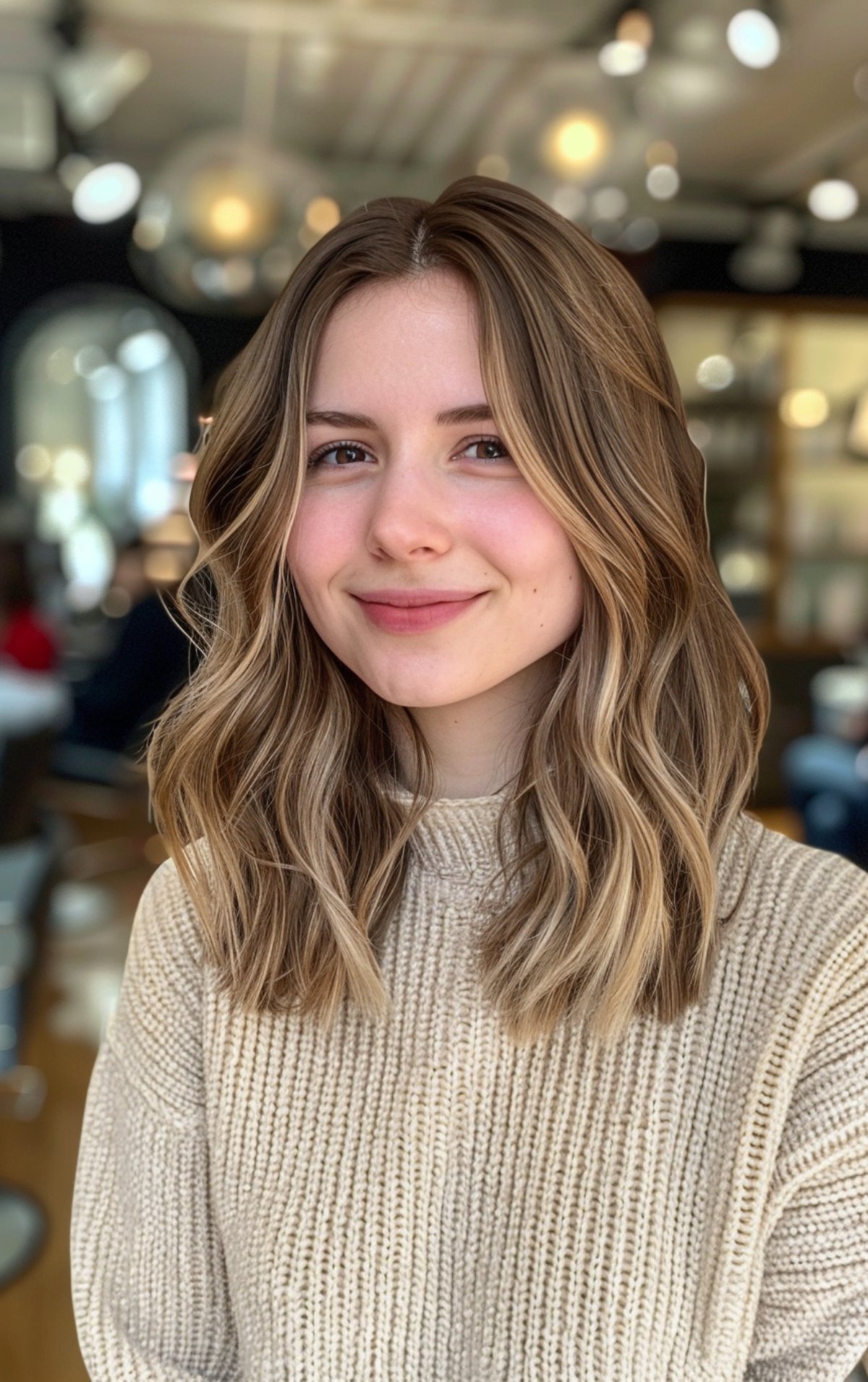 Textured medium-length haircut with waves for heart-shaped faces