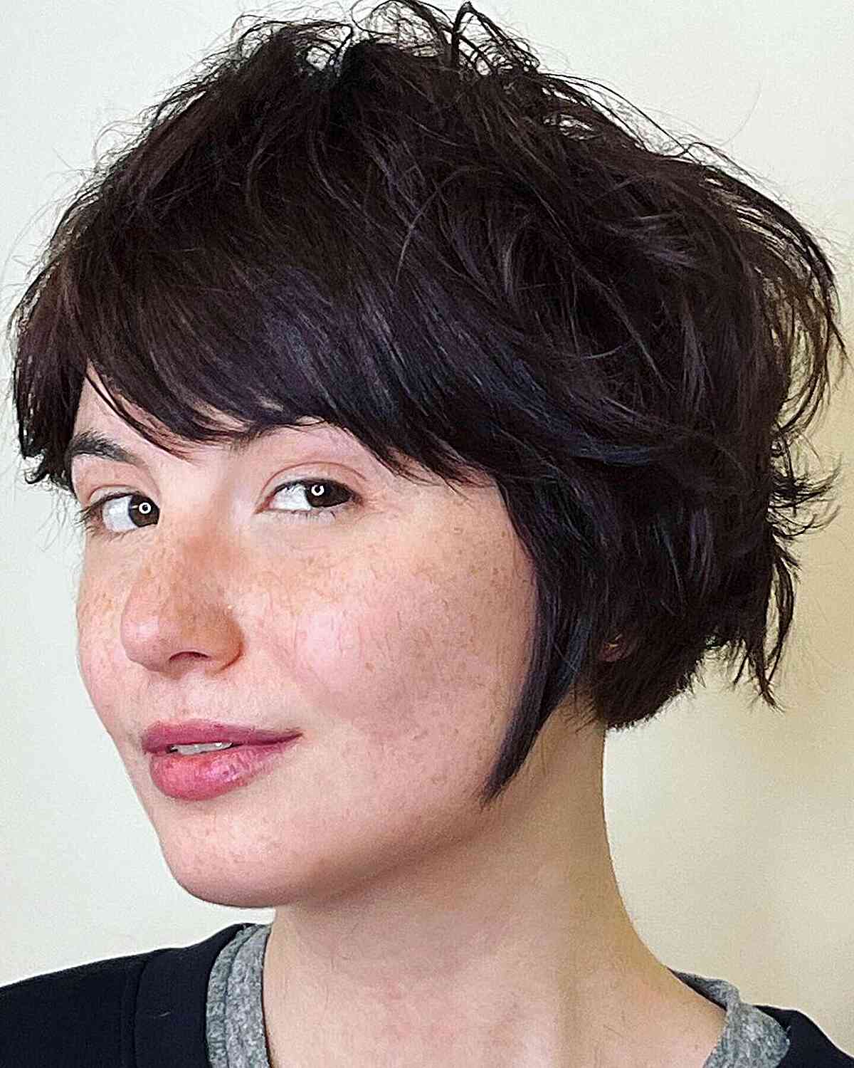 Textured Messy Micro Bob with Side-Swept Fringe