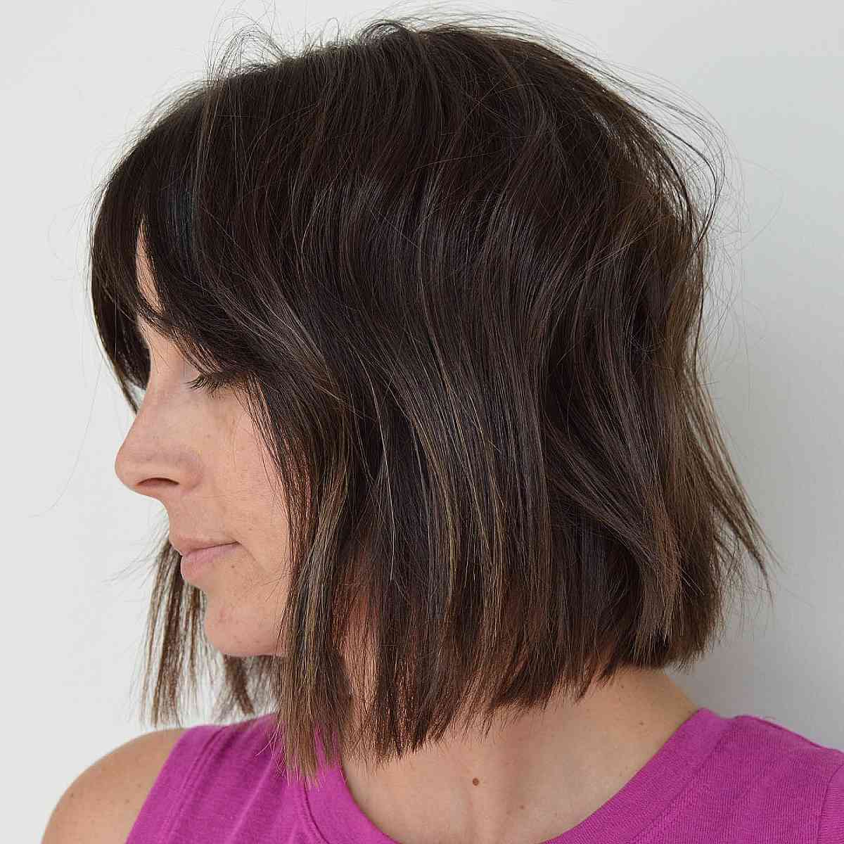 Textured Neck-Length Blunt Cut with a Fringe
