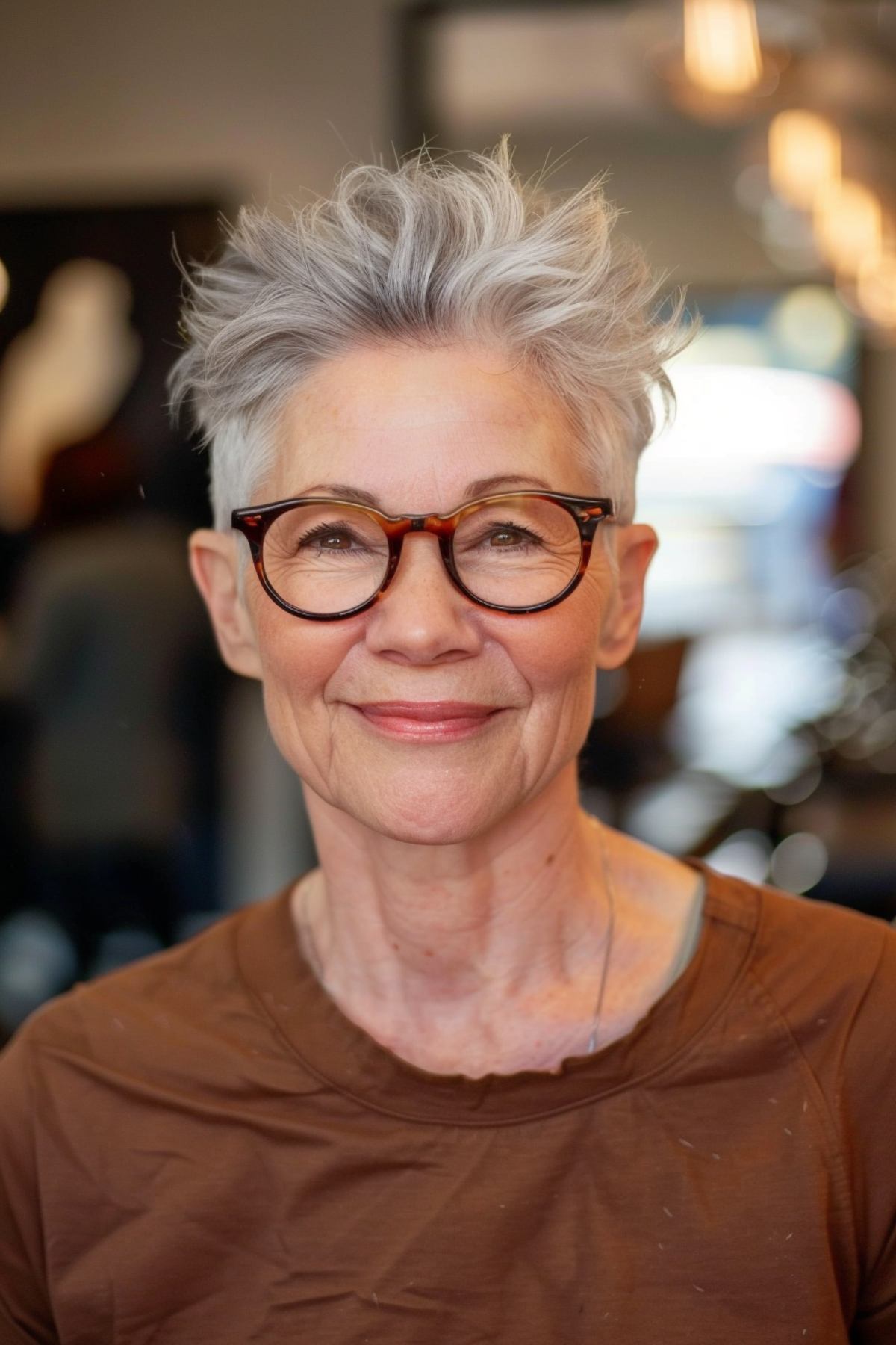 Textured pixie cut for grey hair with glasses.