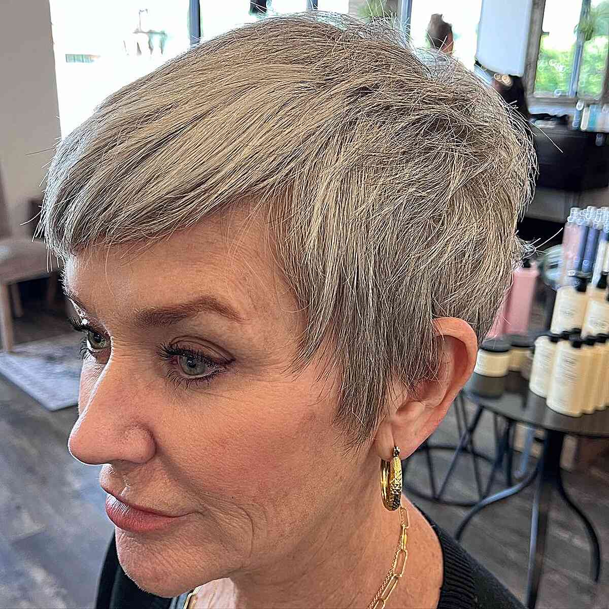 Textured Pixie with Fringe and Sideburns for 60-year-olds
