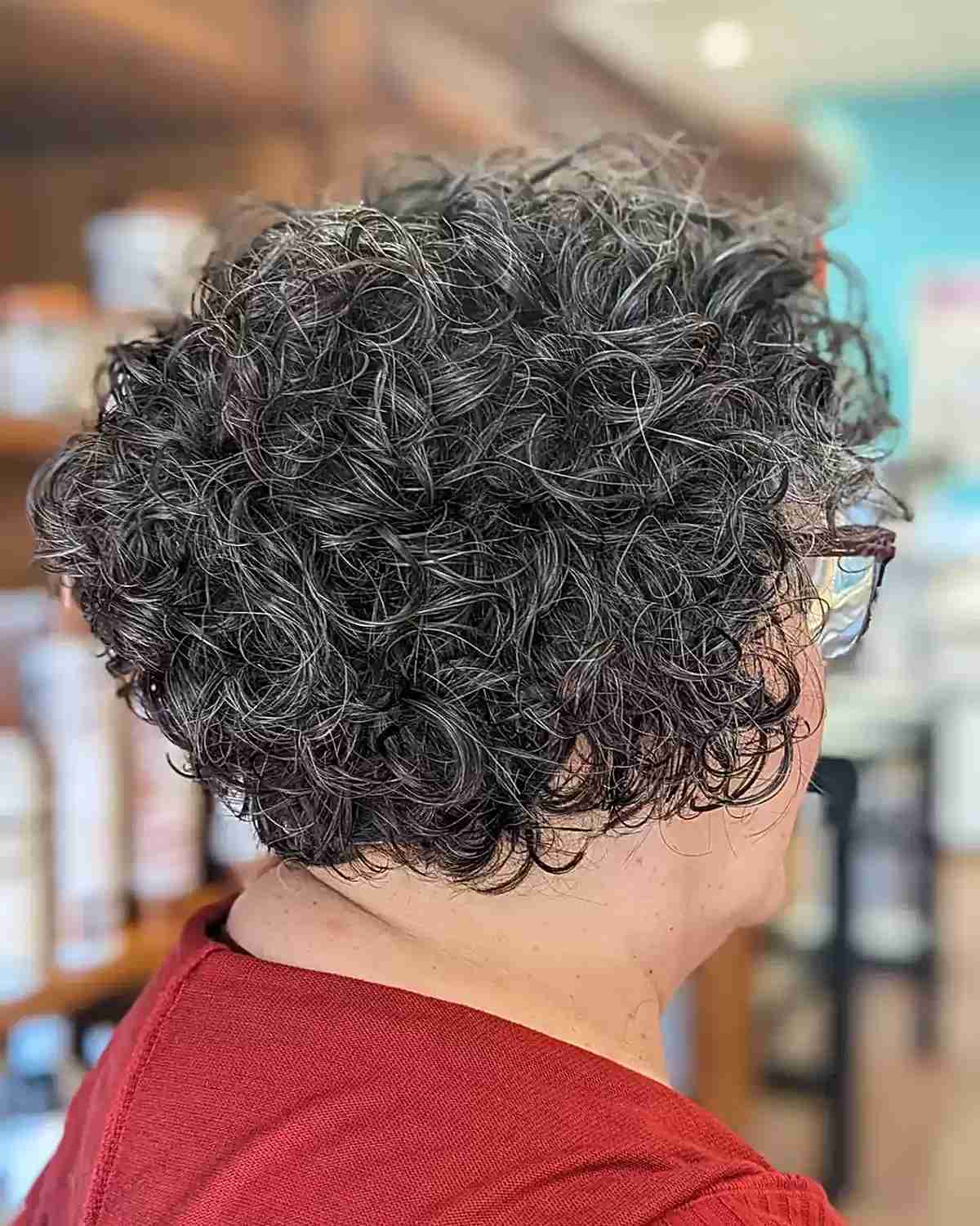 Textured Short Bob for Defined Curls for Older Ladies' Aged 60 Dark Grey Hair
