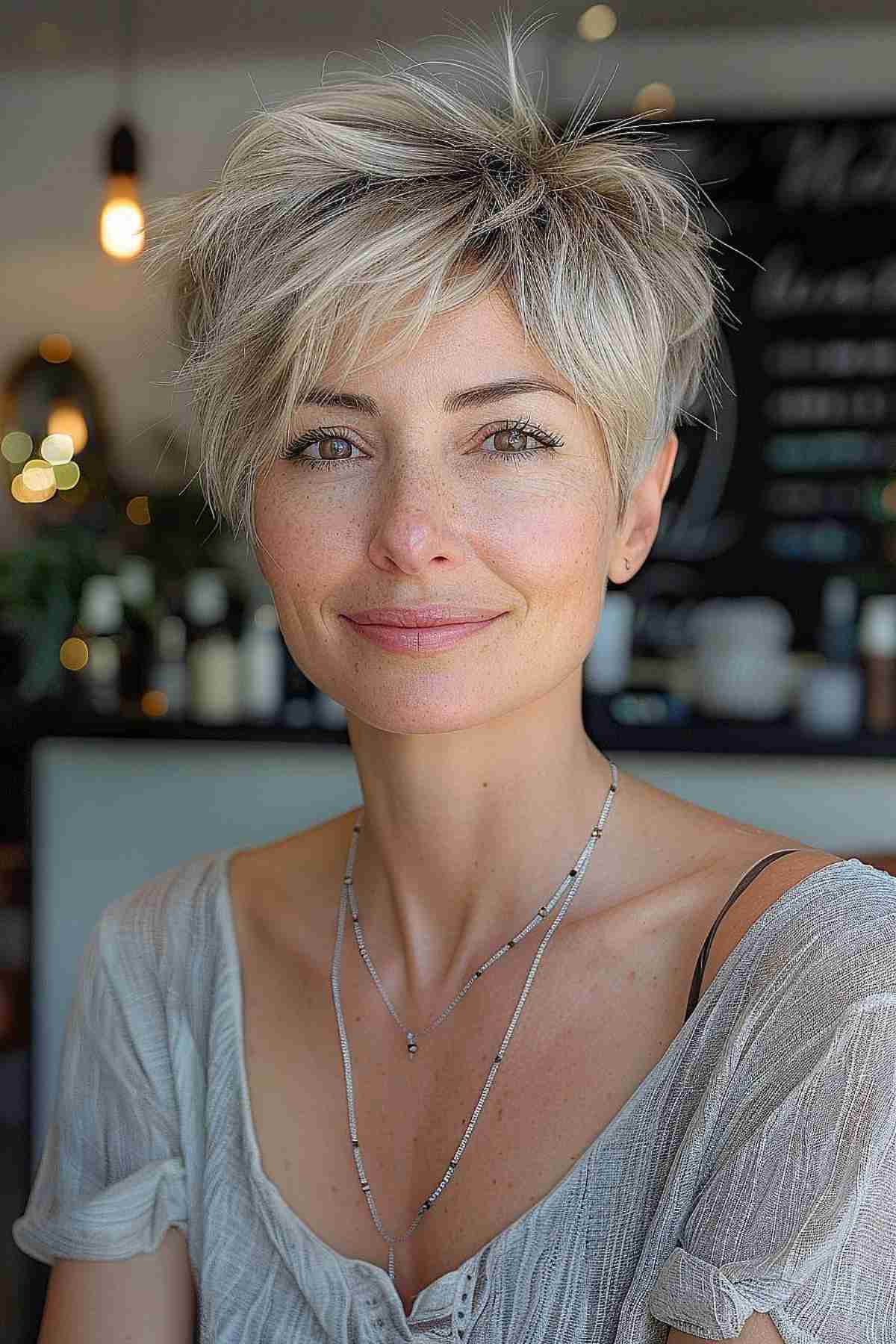 Textured short platinum blonde haircut flattering for oval face shapes, ideal for women over 40