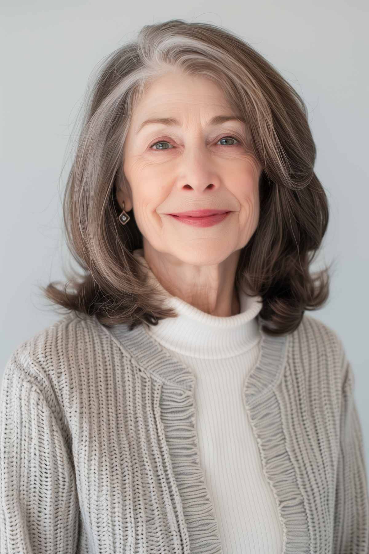 Textured shoulder-length haircut on a woman with grey hair