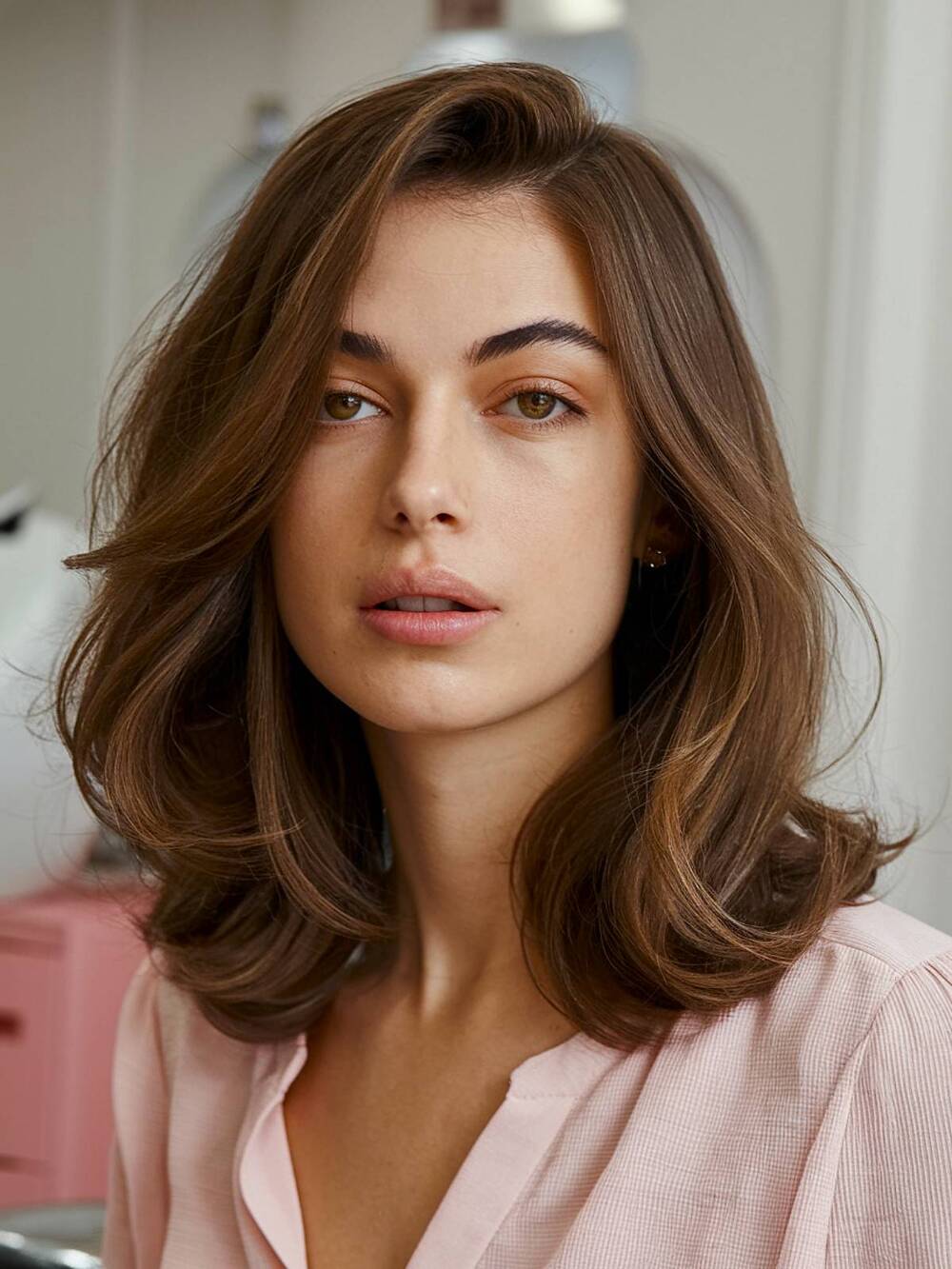 Shoulder-length cut with soft, textured layers and a natural, airy finish for a low-maintenance style