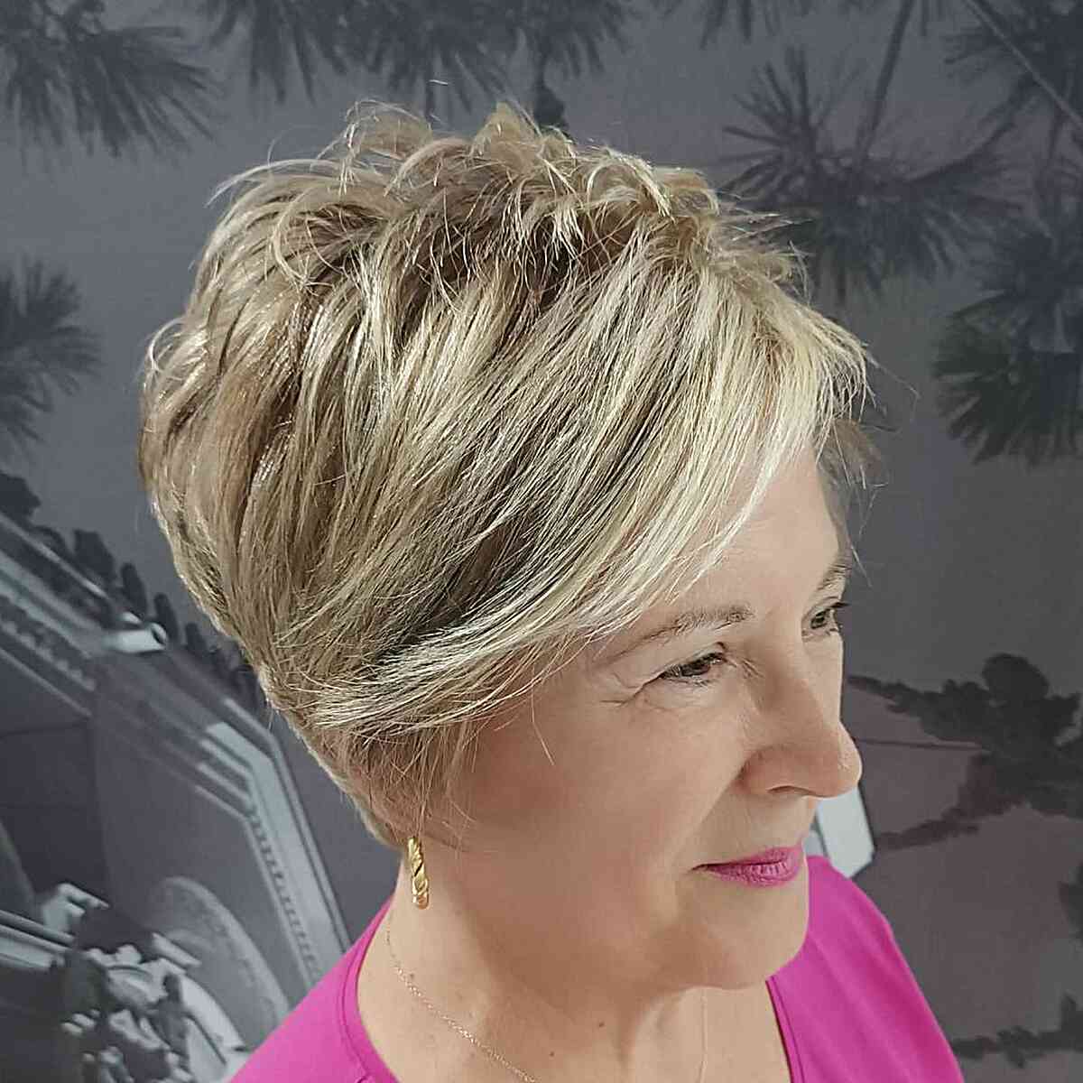 Textured Side-Swept Pixie with Visible Layers for older women with short hair