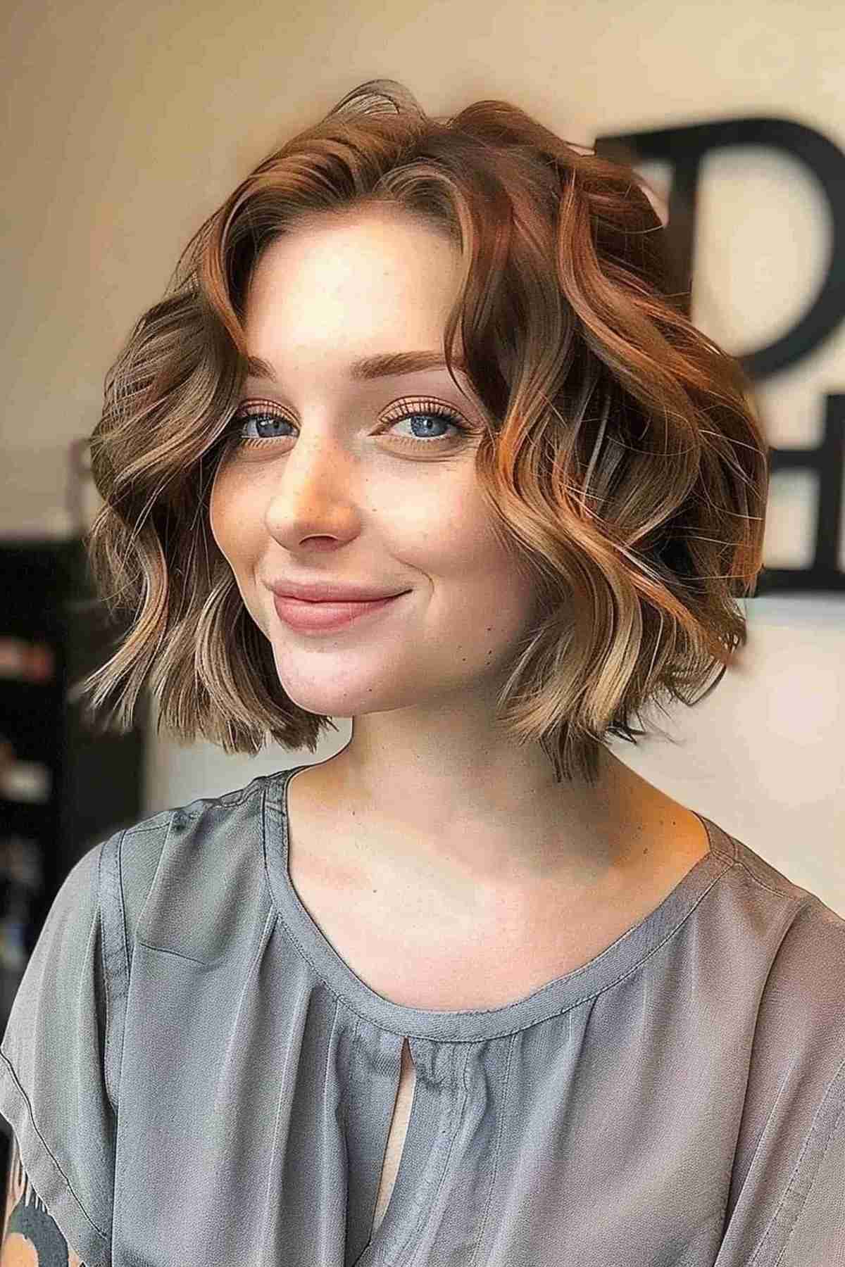 Effortless textured wavy bob with a soft middle part for a casual yet stylish look.