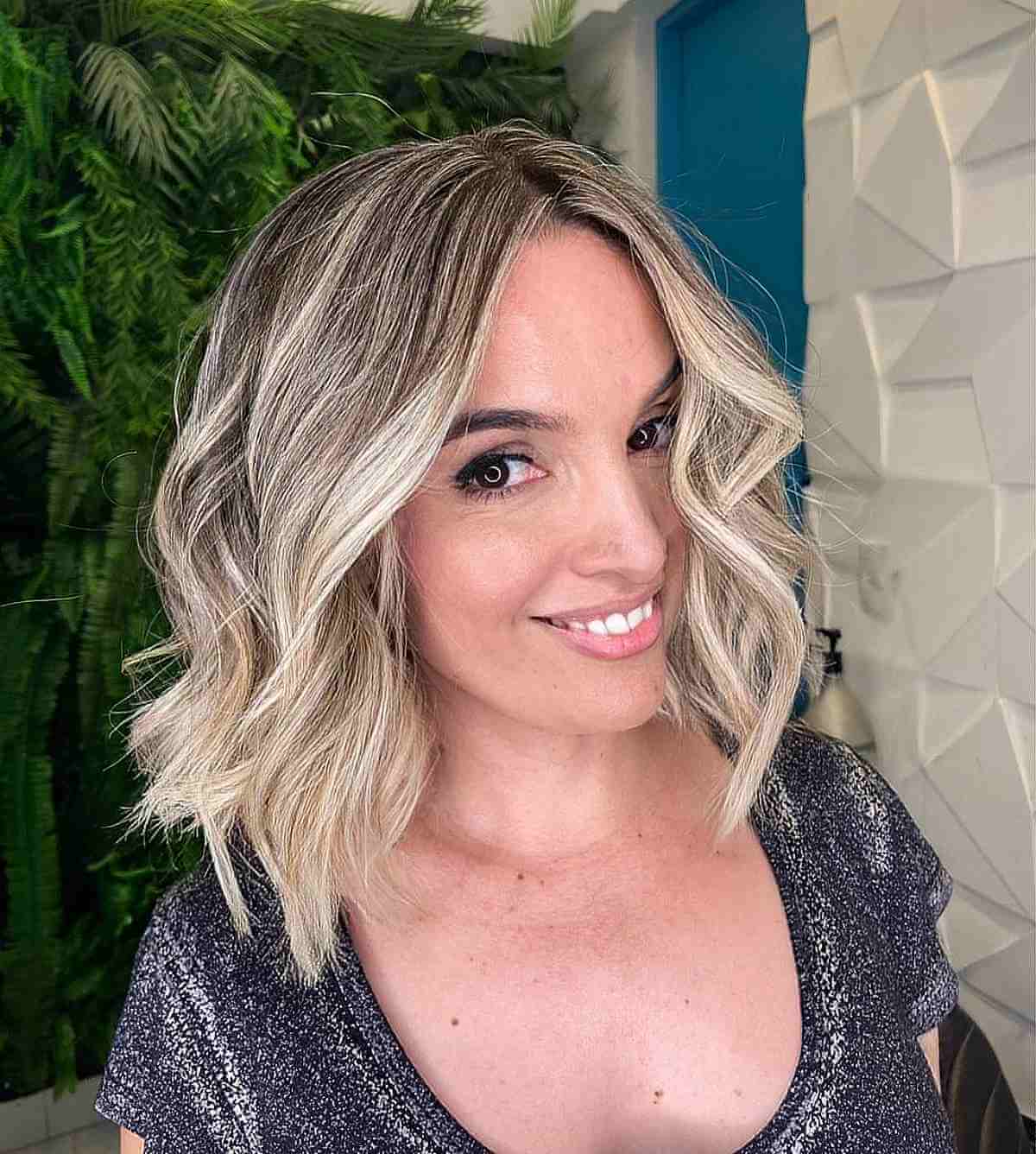 Textured Wavy Long Bob with a Middle Part