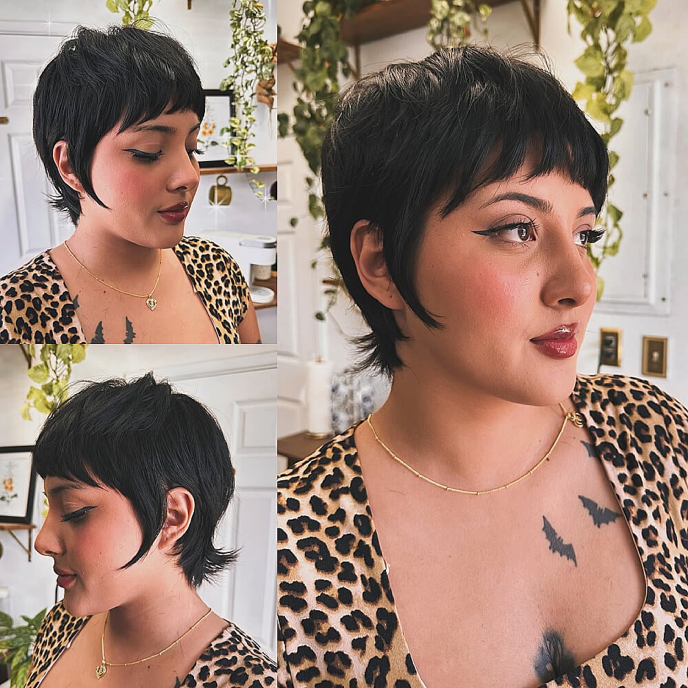 Textured wixie cut with short layers and soft fringe on dark, thick hair for a chic, modern shape