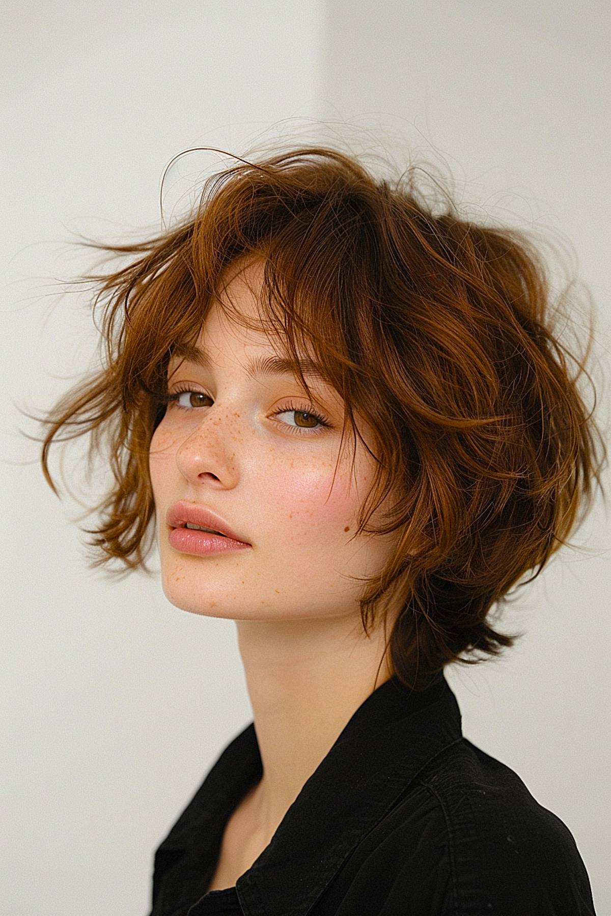 Relaxed wavy brown bob with soft layers