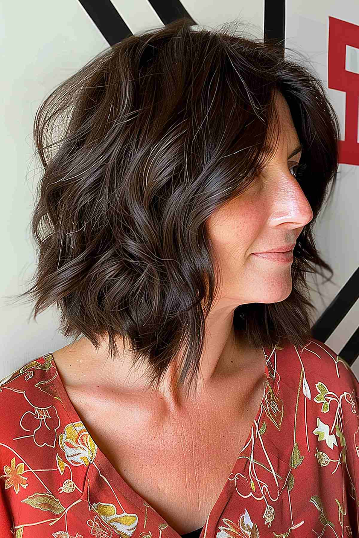 Texturized medium-length lob for women over 40 with choppy layers and brunette highlights