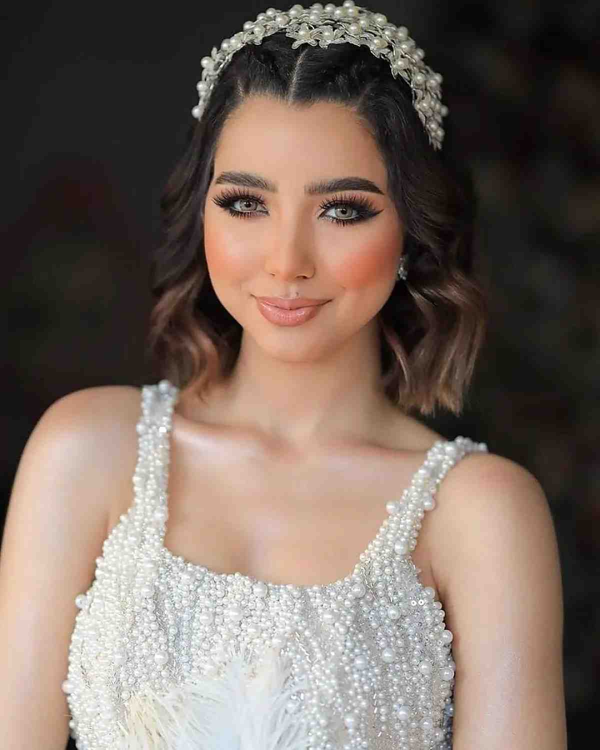 Pearl Headpiece on Neck-Length Wavy Hair for Prom