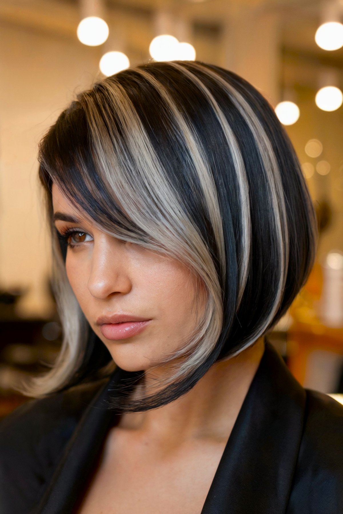 Tousled shadow fringe bob hairstyle with blonde layers for fine hair