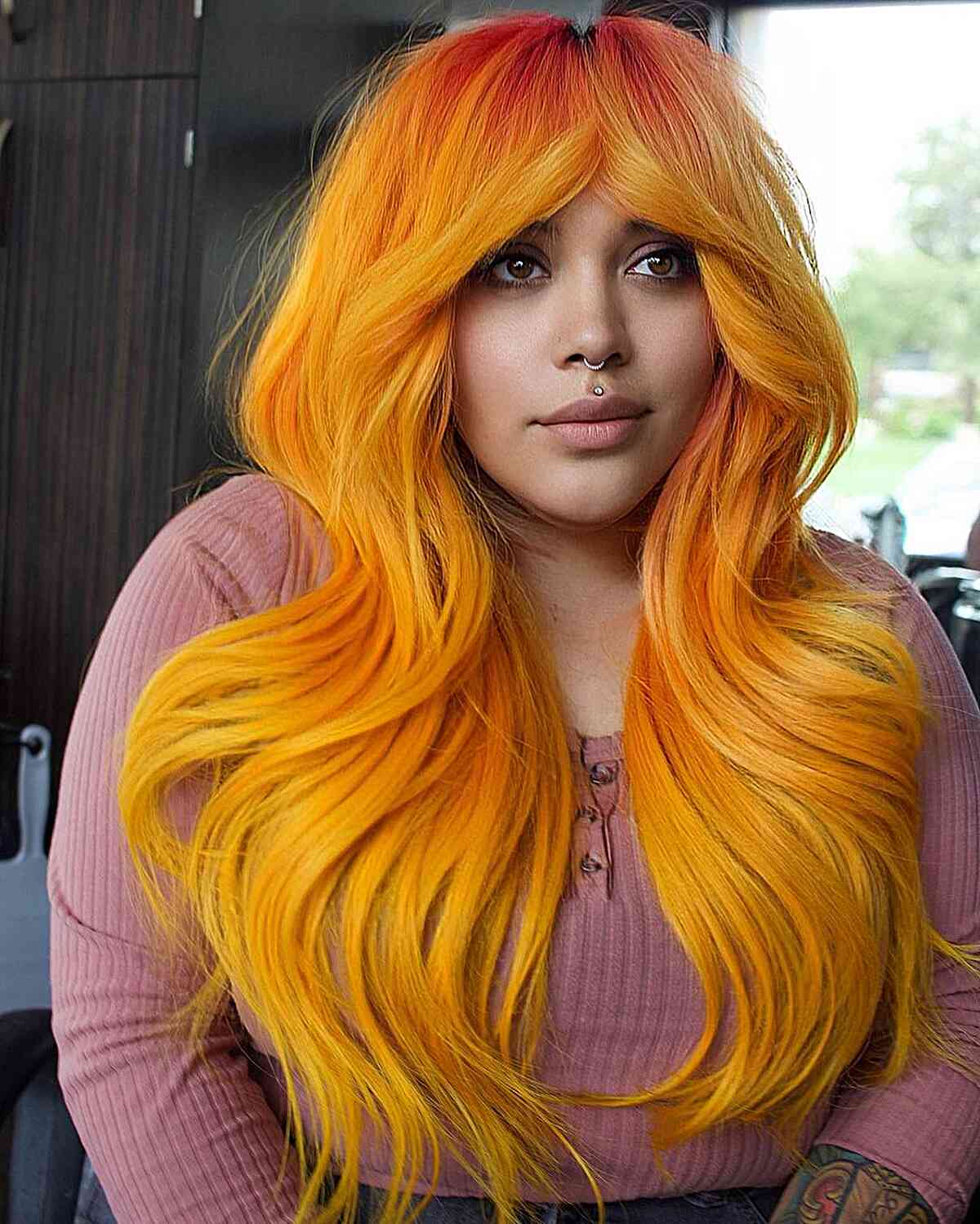 Thick and Long Mustard Yellow Hair with dark pink roots