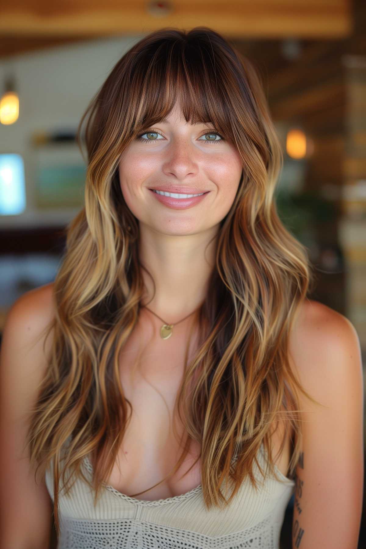 Woman with thick blunt bangs and long sun-kissed wavy hair