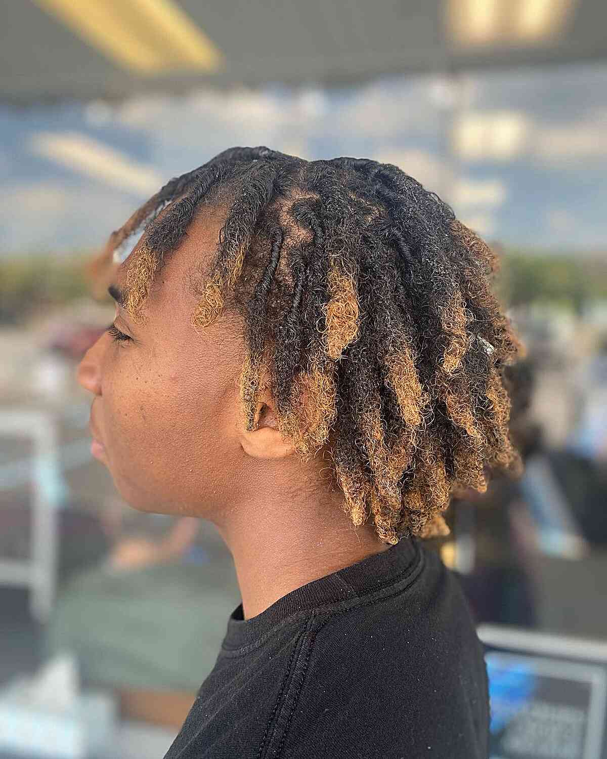 Thick Black Freeform Dreads with Blonde Tips for Guys